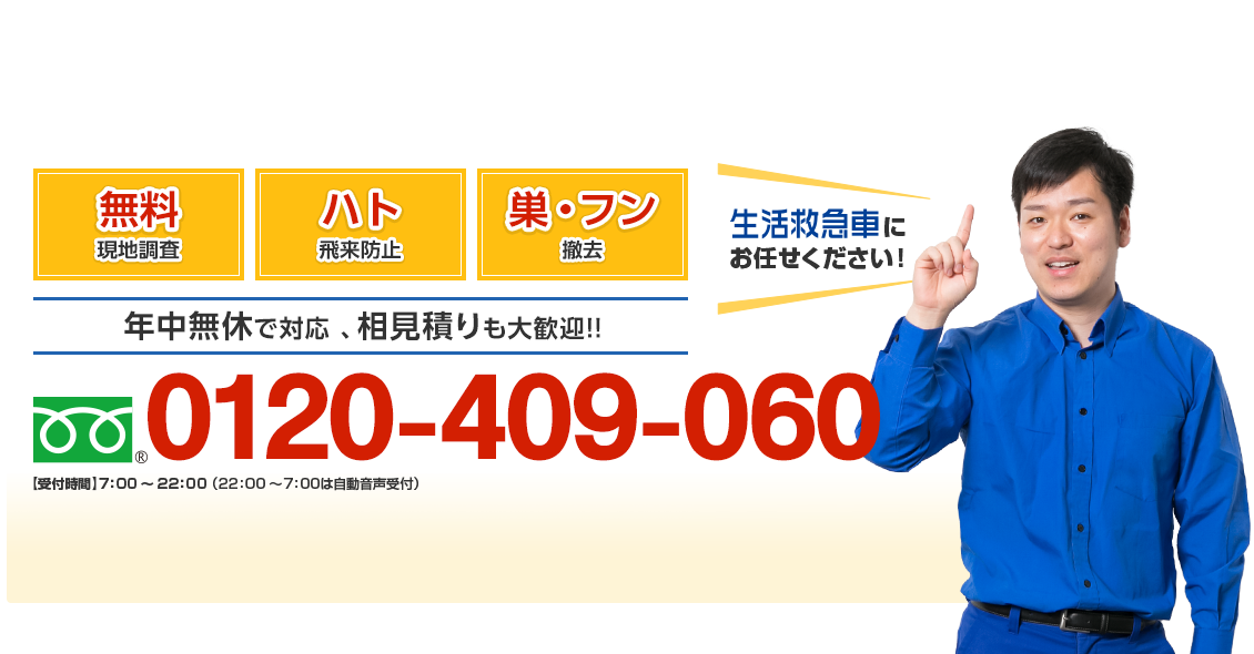 無料現地調査 ハト侵入対策 忌避剤による予防 日本全国、年中無休で対応、相見積りも大歓迎！ フリーダイヤル : 0120-409-060
