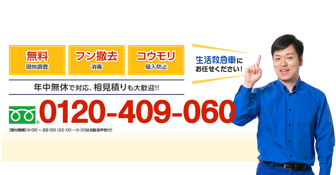 無料現地調査 コウモリ侵入対策 忌避剤による予防 日本全国、年中無休で対応、相見積りも大歓迎！ フリーダイヤル : 0120-409-060