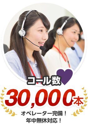 コール数 30,000本 オペレーター完備！年中無休で対応！